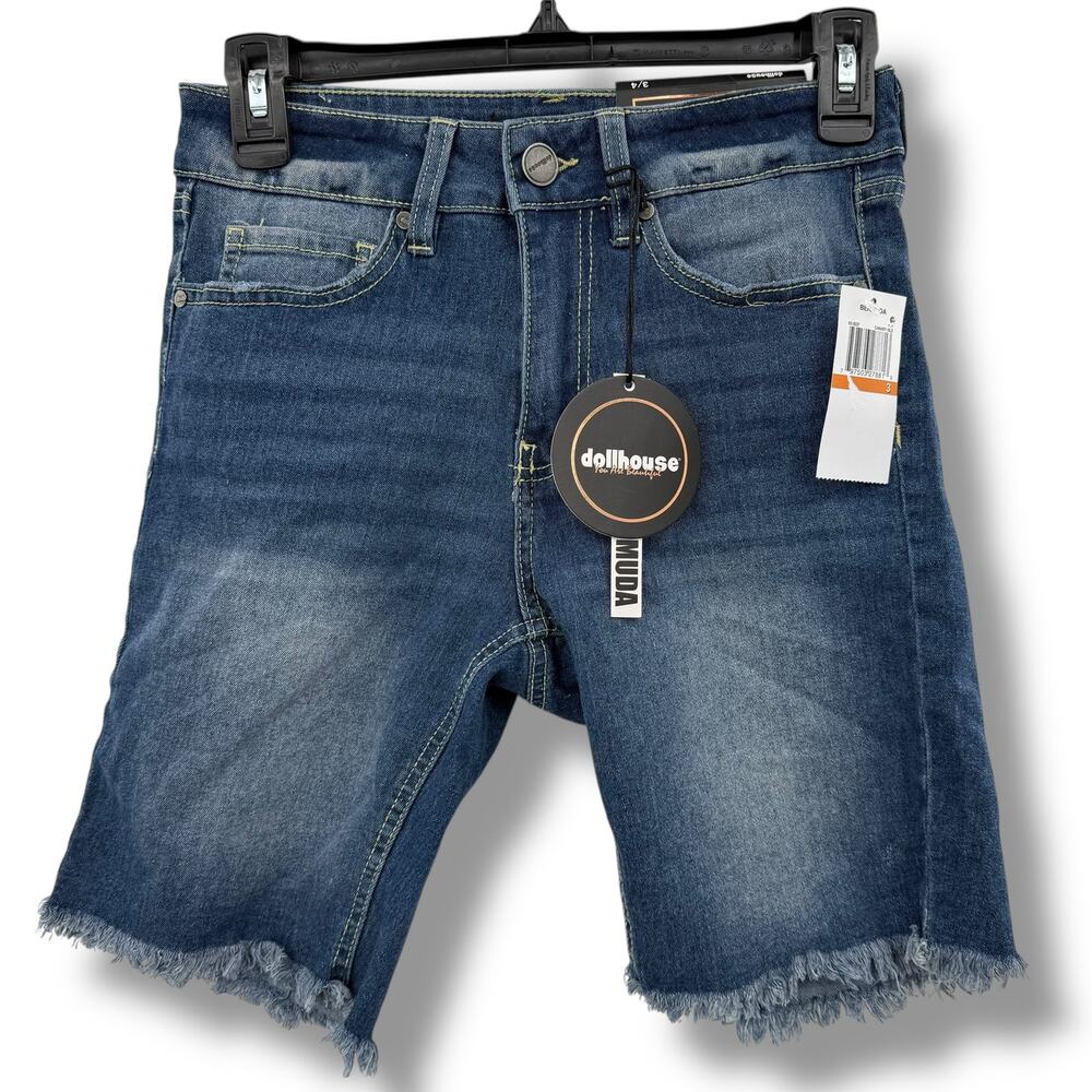 NEW Dollhouse Bermuda Jean Shorts Size 3/4 Frayed Hem Blue Denim Long Shorts